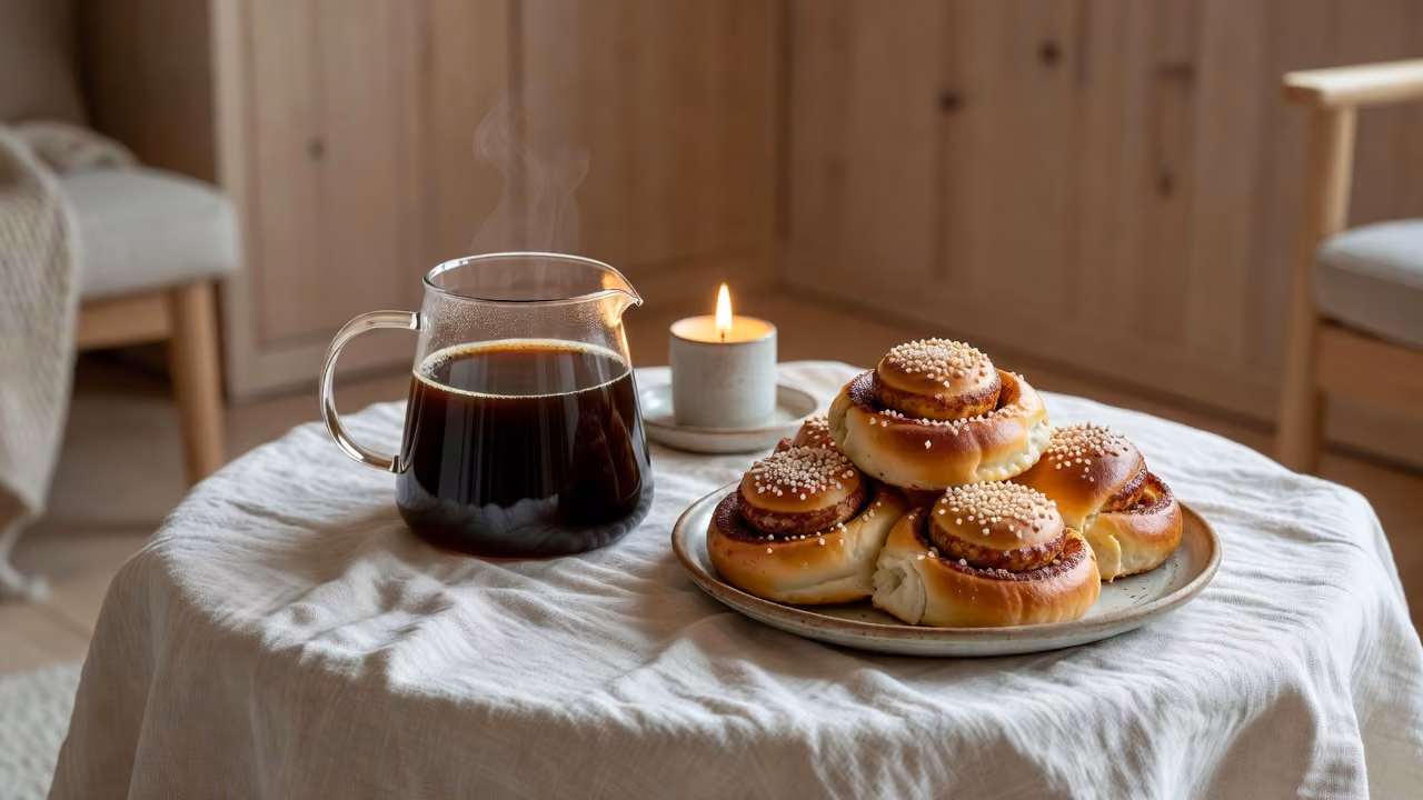 A cosy Finnish coffee table with a glass pot of coffee and pulla cinnamon buns topped with pearl sugar