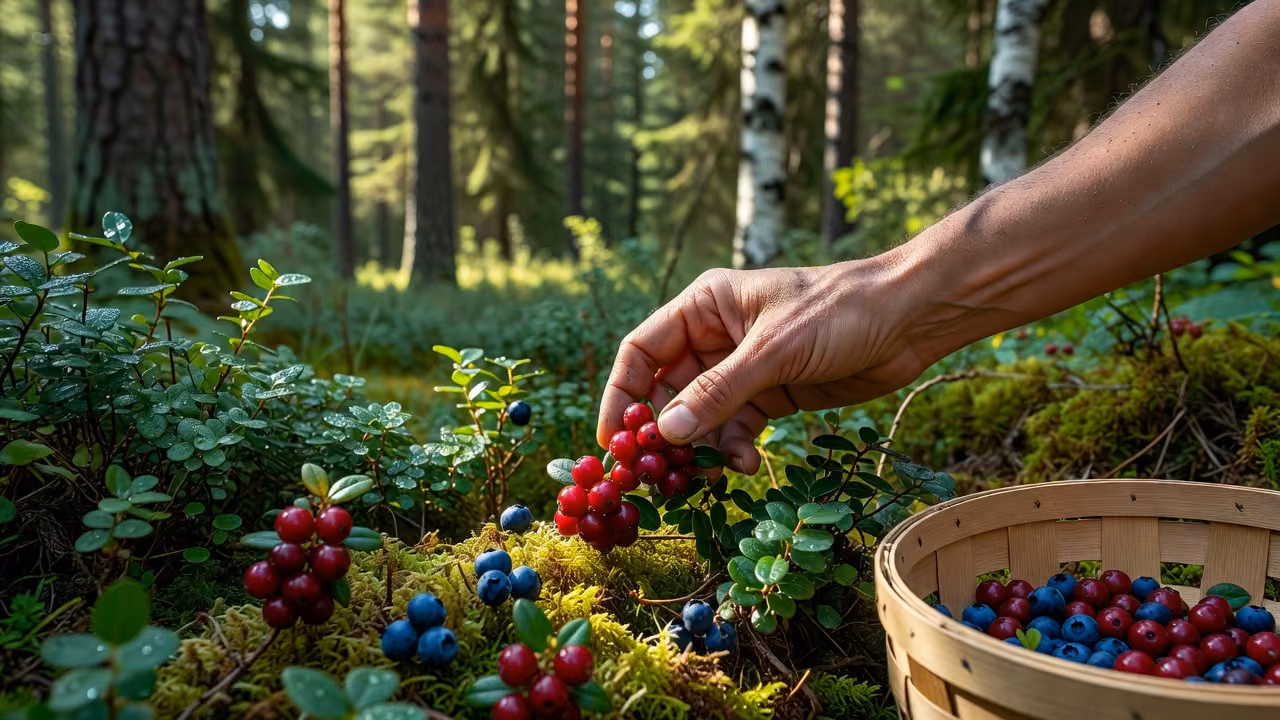 A hand picking ripe lingonberries and blueberries from moss in a Finnish forest with a wooden basket