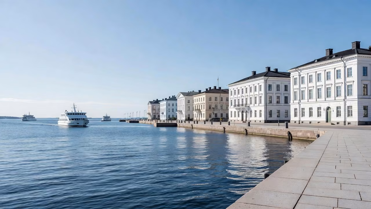 The Helsinki harbour waterfront with white neoclassical buildings on a bright day