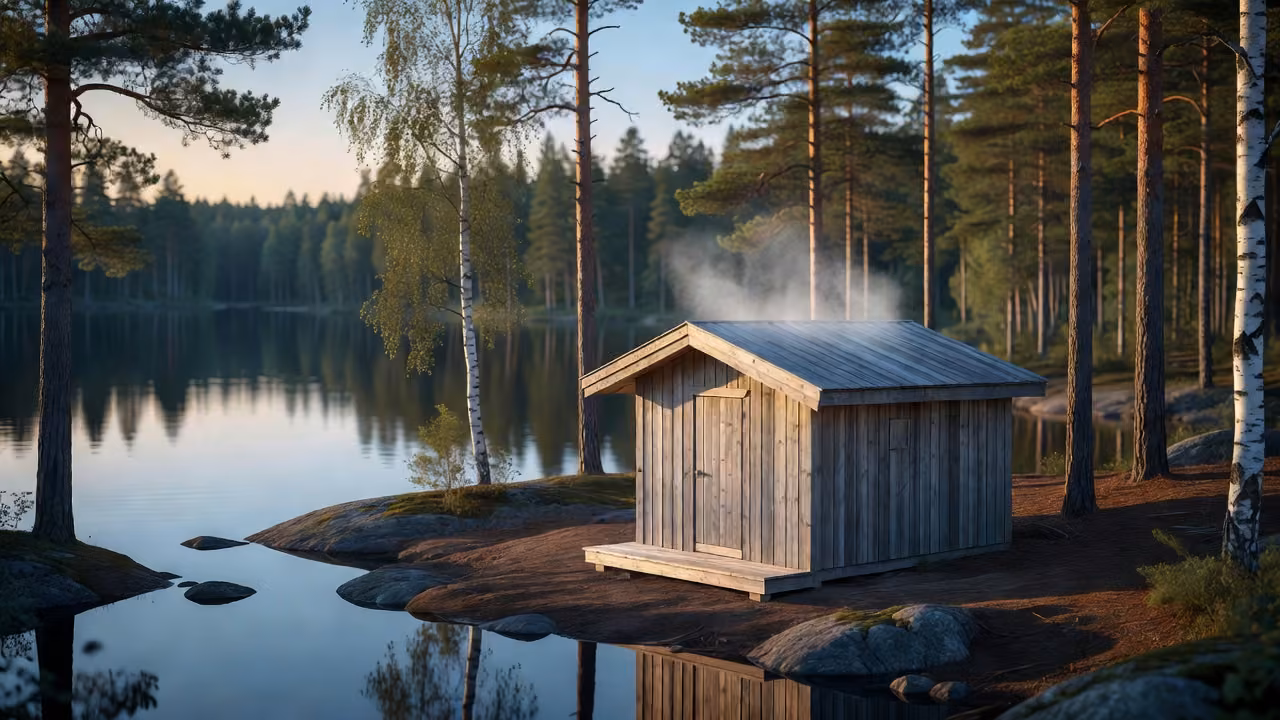 A wooden sauna house on the shore of a calm Finnish lake at golden hour, steam drifting from the roof, surrounded by pine forest