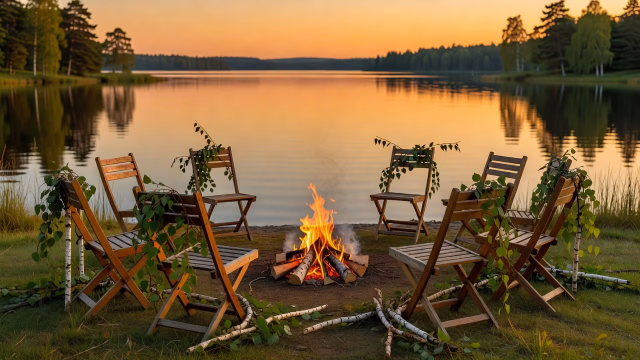 A Finnish midsummer lakeside scene with a small bonfire and birch decorations at warm dusk