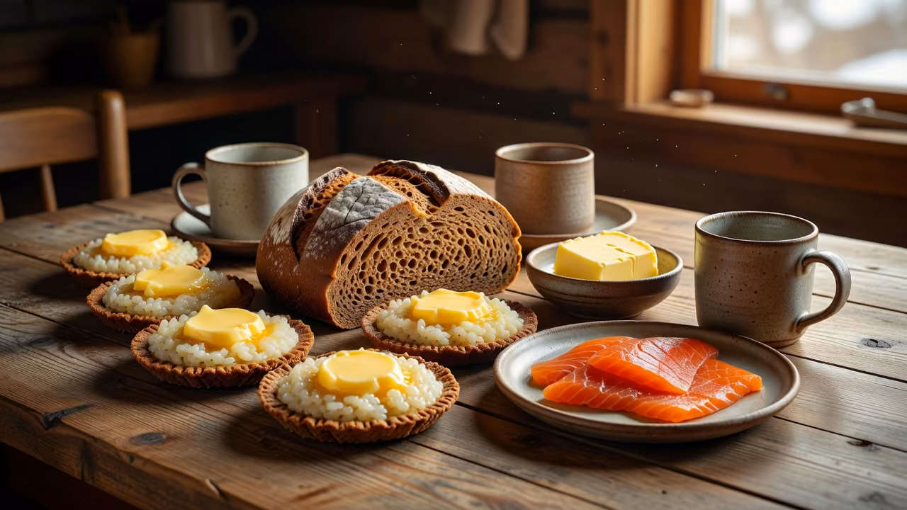 A rustic Finnish meal table with dark rye bread, Karelian pies and egg butter on a wooden table