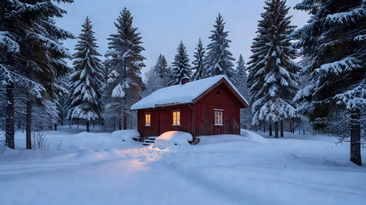 A red wooden Finnish cottage in deep snow with warm light glowing in the windows at twilight